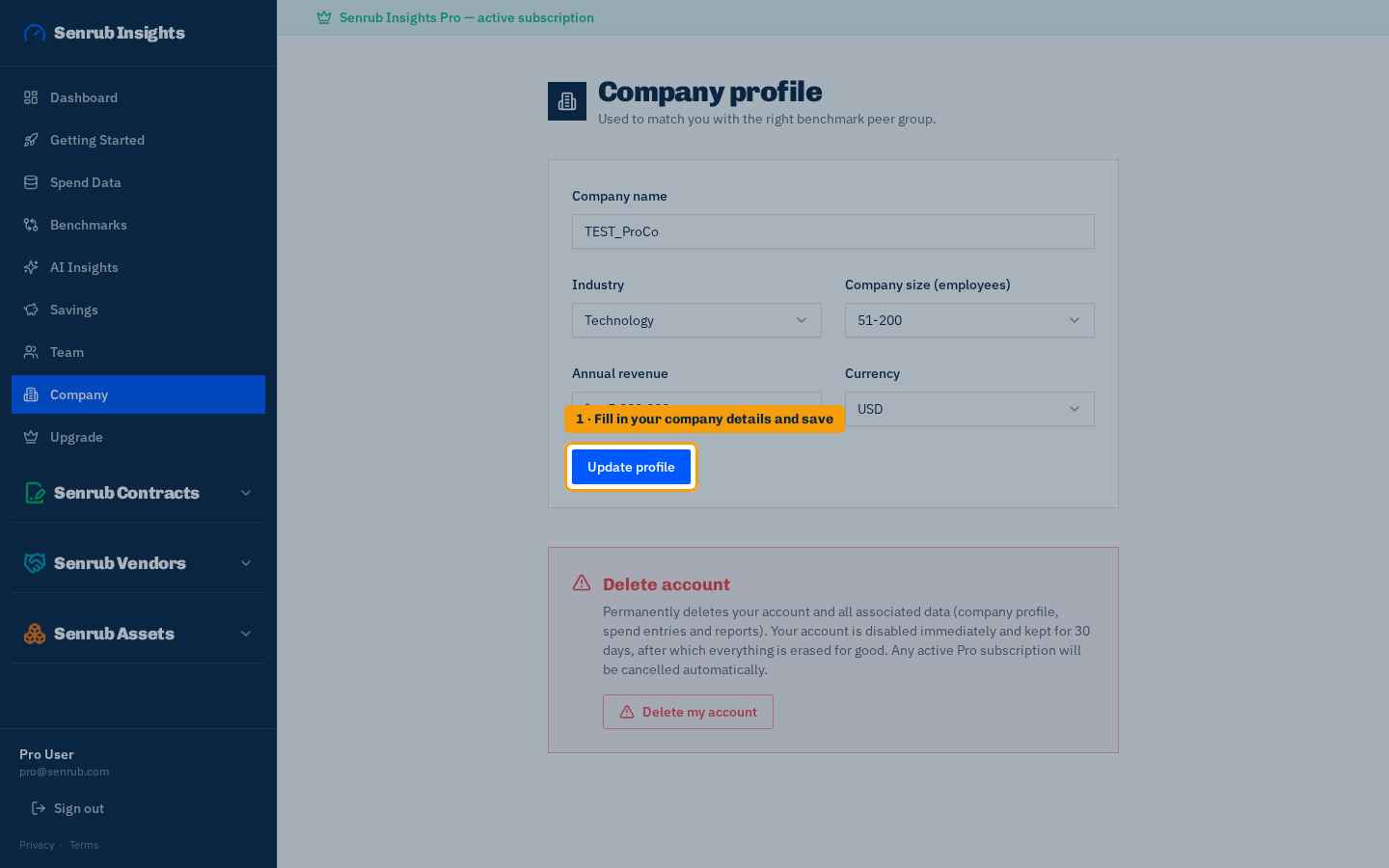 Load your company details: where to click in Senrub