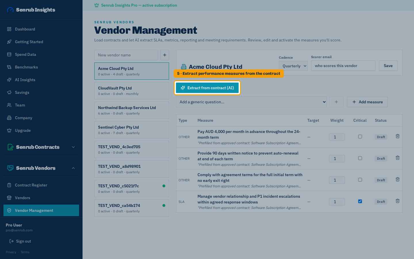 Define vendor performance measures: where to click in Senrub