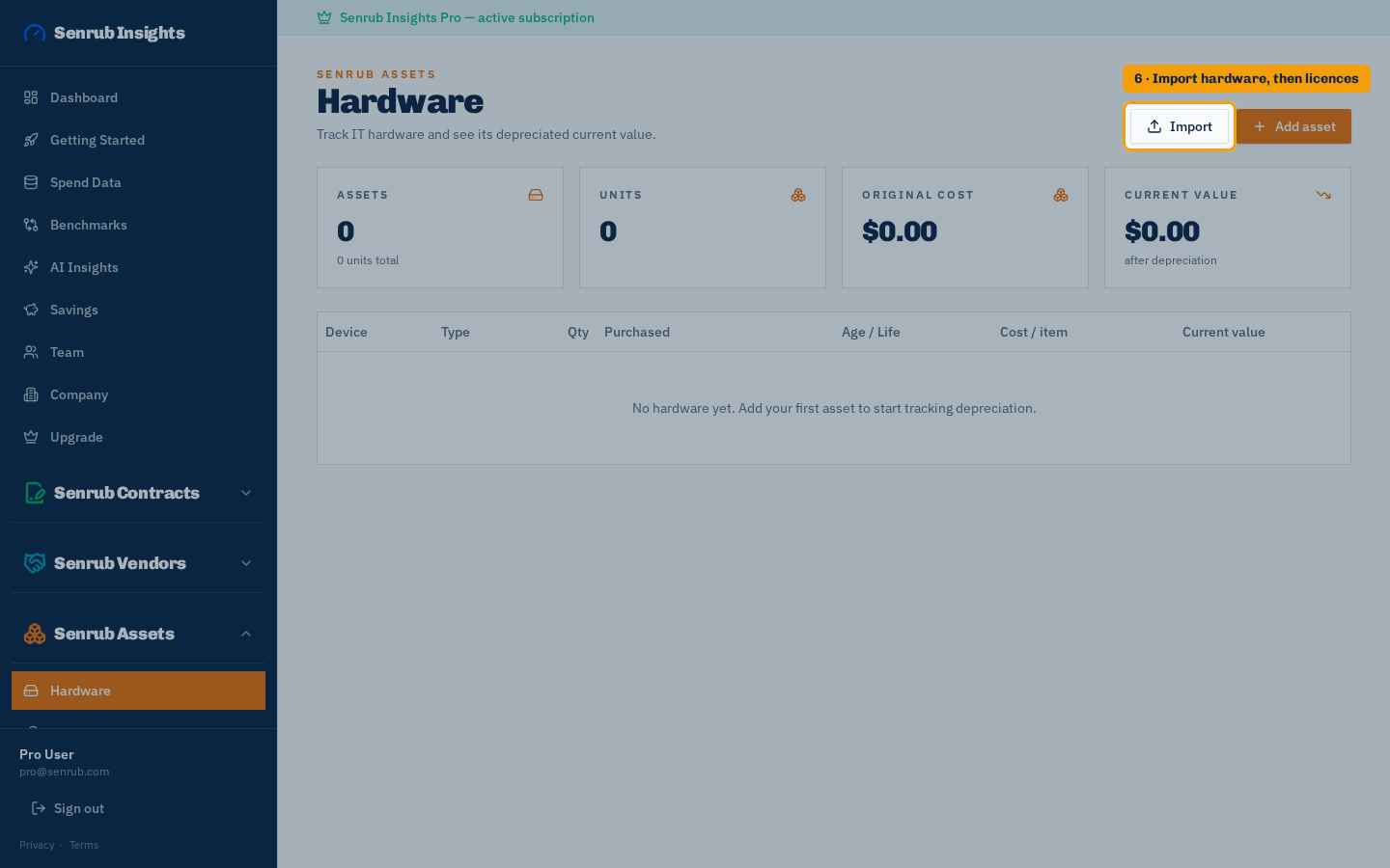 Add hardware and licences: where to click in Senrub